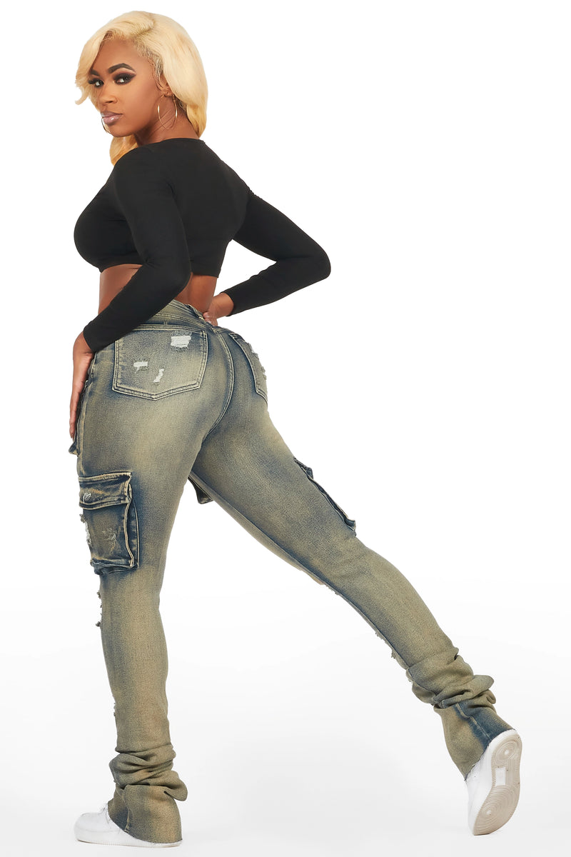 Noor Tinted Dark Wash Cargo Super Stacked Jean
