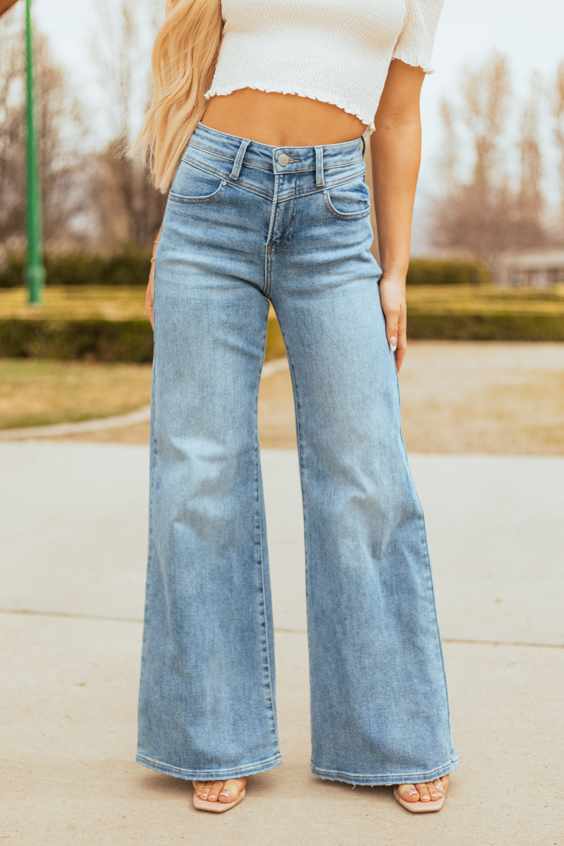 Risen Medium Wash Waist V Stitch Stretchy Wide Jeans