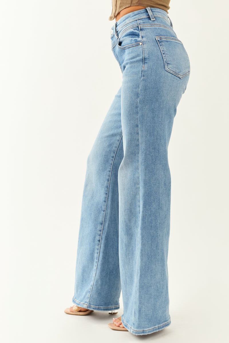 Risen Medium Wash Waist V Stitch Stretchy Wide Jeans
