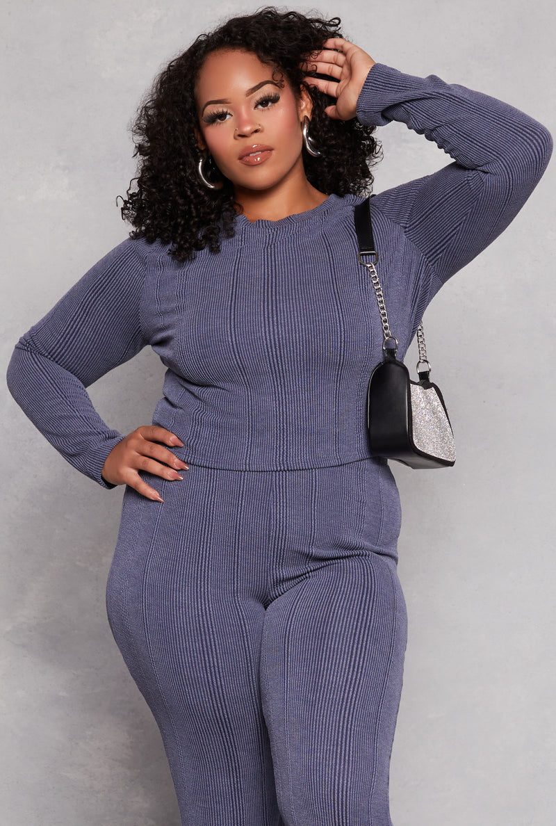 Plus Size Ribbed Crew Neck Long Sleeve Top