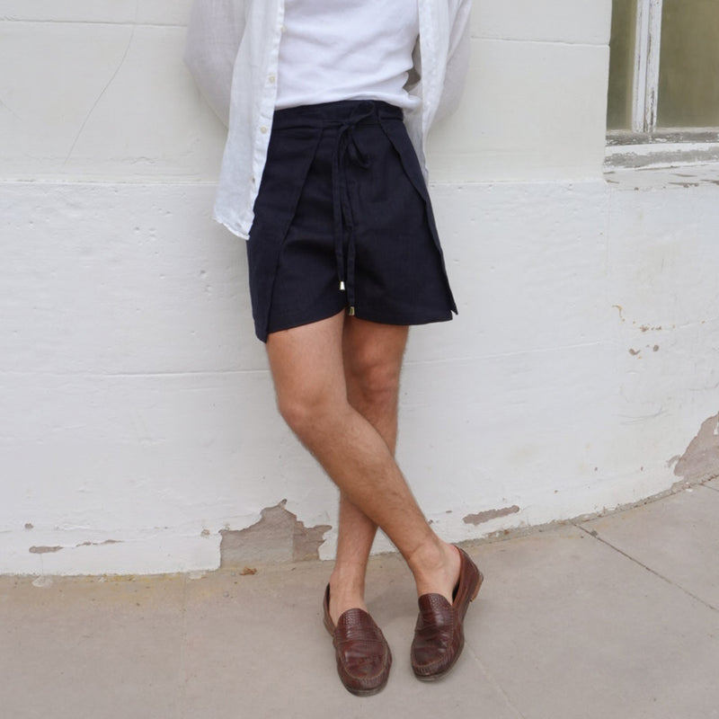 Linen Wrap Shorts - Navy Blue