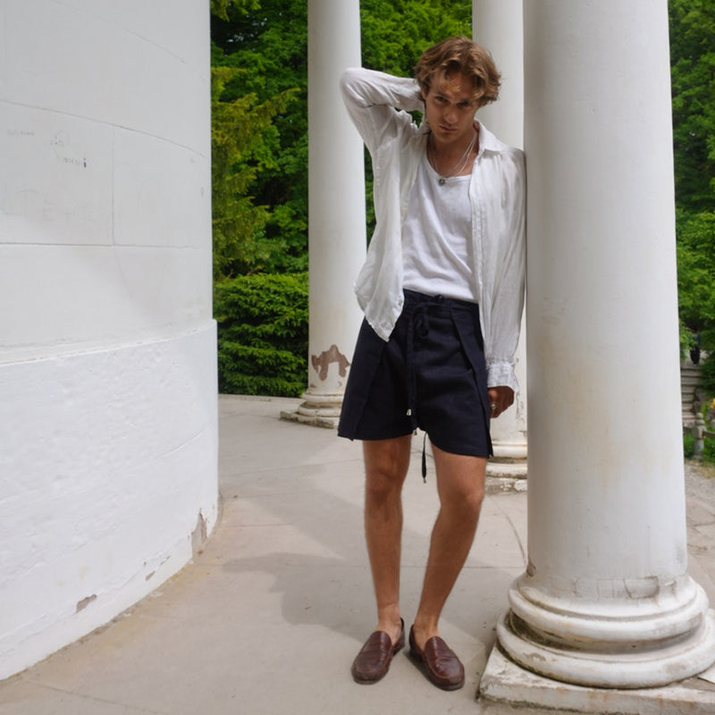 Linen Wrap Shorts - Navy Blue