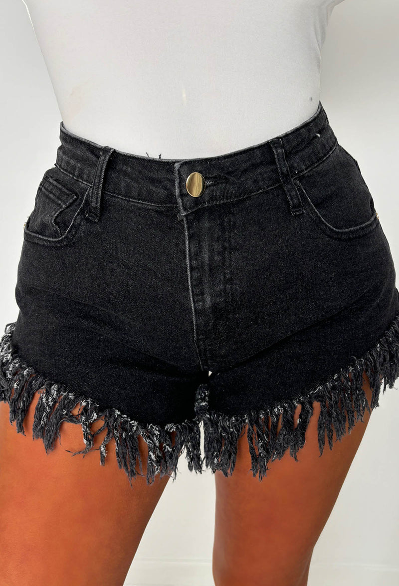 Frayed & Frantic Black Frayed Cut Off Stretch Denim Shorts