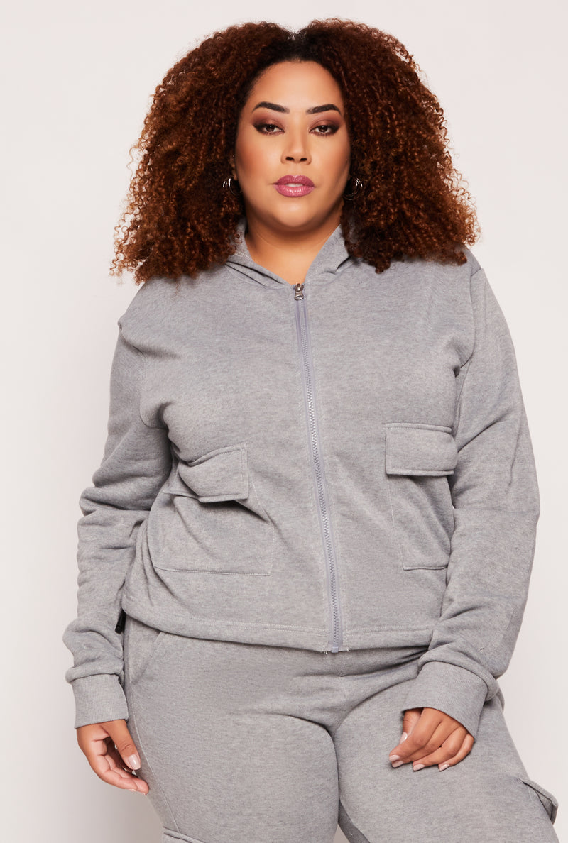 Plus Size Fleece Cargo Pocket Zip Hoodie