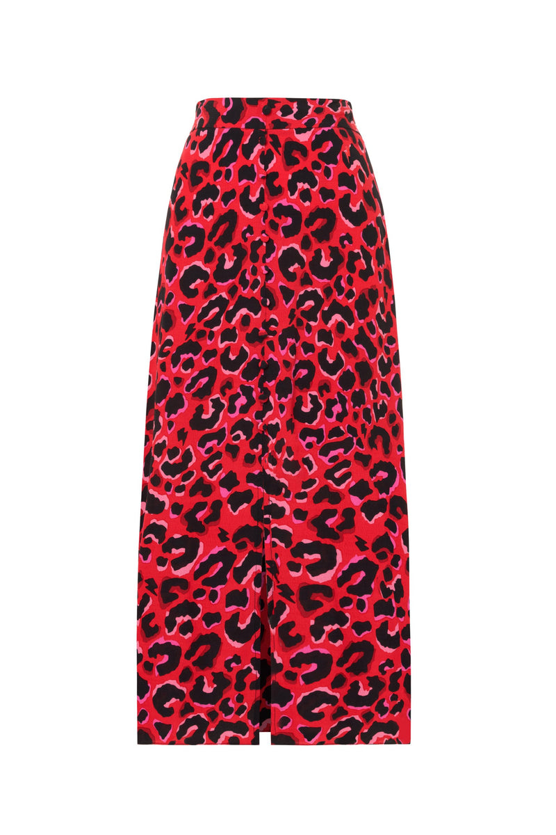 Red with Pink and Black Pop Leopard Button Through Skirt