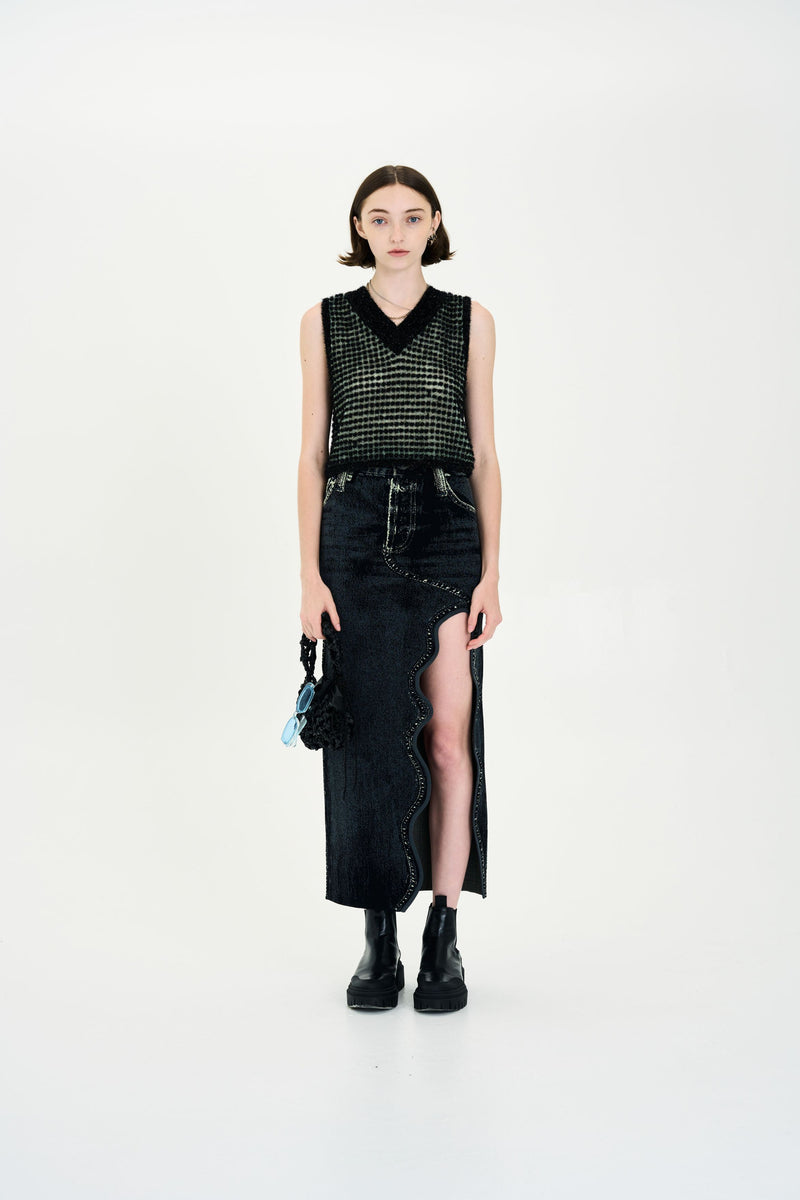 LILY DENIM PRINT WAVY LONG SKIRT
