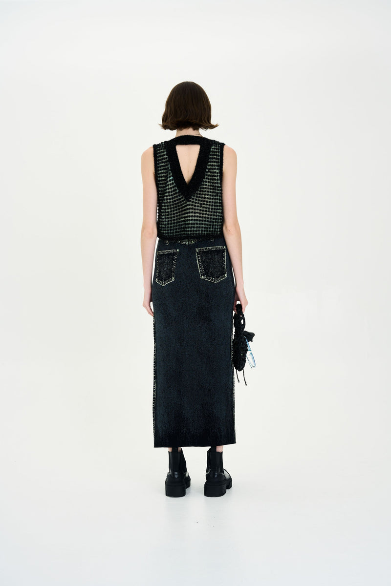LILY DENIM PRINT WAVY LONG SKIRT