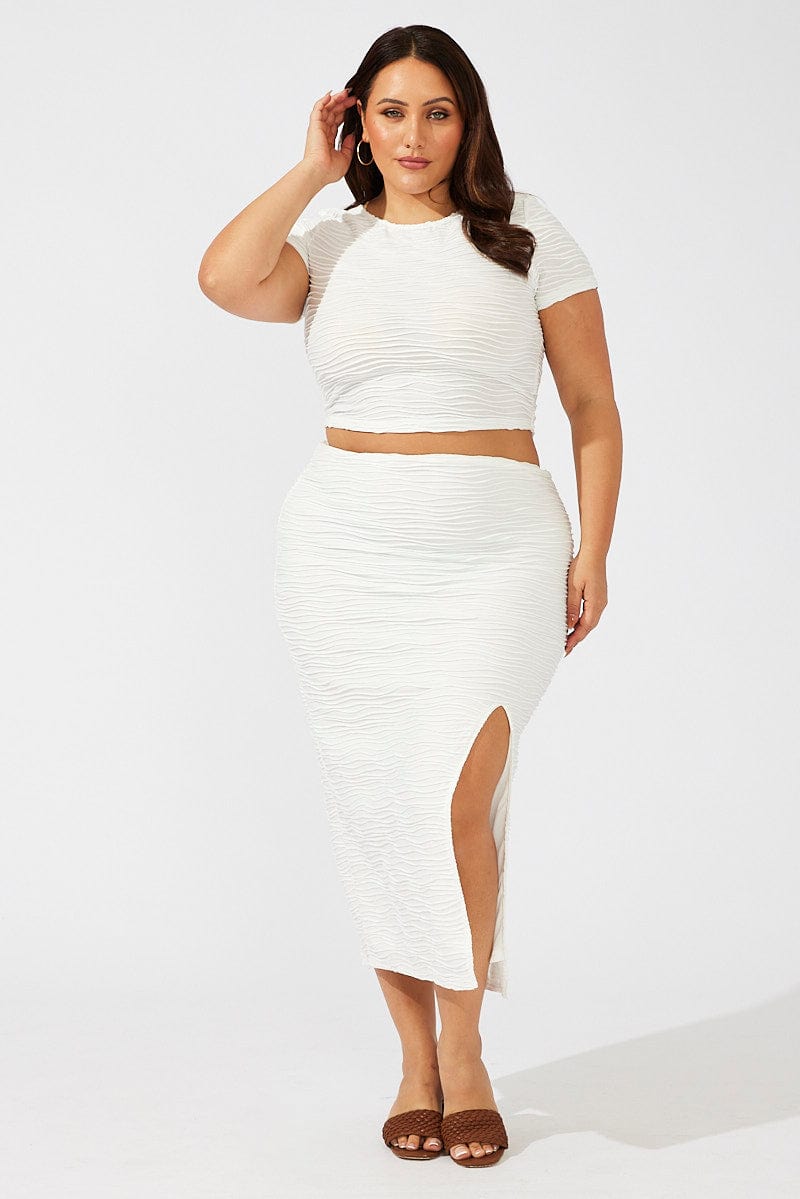 White Wavy Texture Bodycon Split Skirt