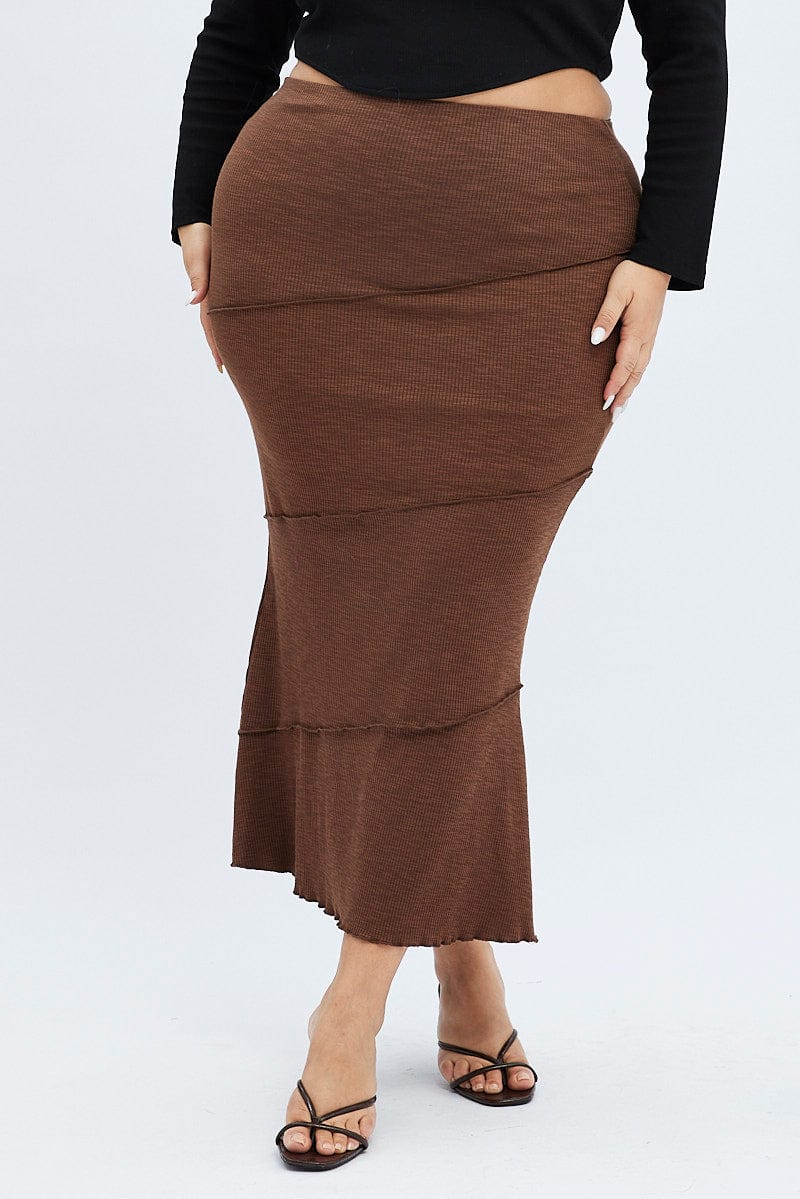 Brown Maxi Skirt Asymmetric Rib