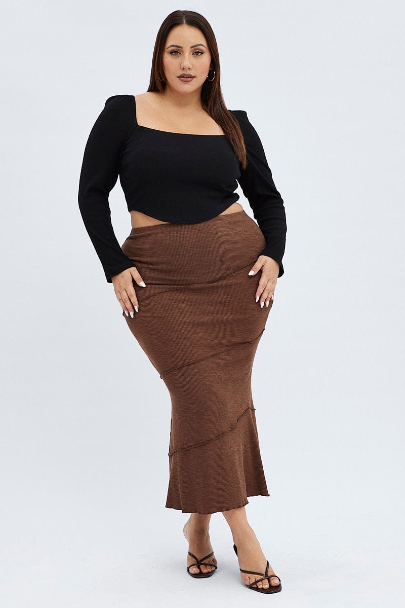 Brown Maxi Skirt Asymmetric Rib