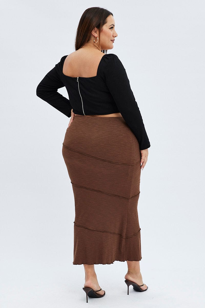 Brown Maxi Skirt Asymmetric Rib
