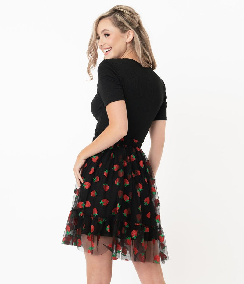 Smak Parlour Black & Strawberry Print Twirl Power Skirt (S and M ONLY)