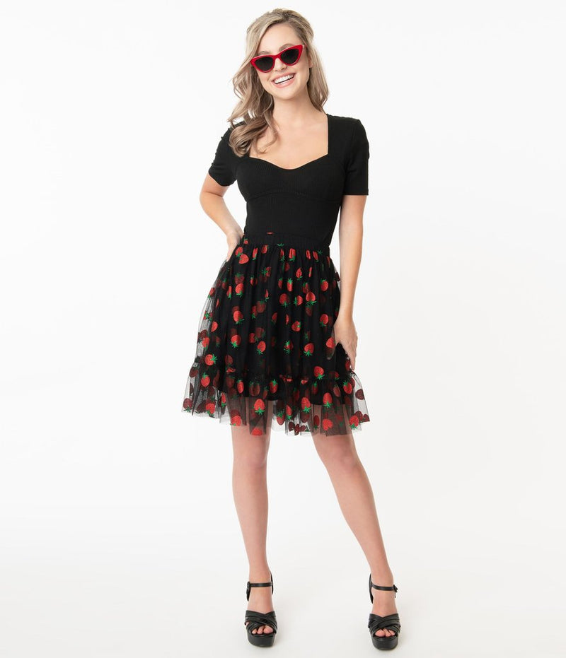 Smak Parlour Black & Strawberry Print Twirl Power Skirt (S and M ONLY)