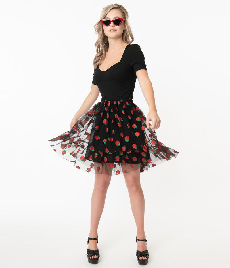 Smak Parlour Black & Strawberry Print Twirl Power Skirt (S and M ONLY)