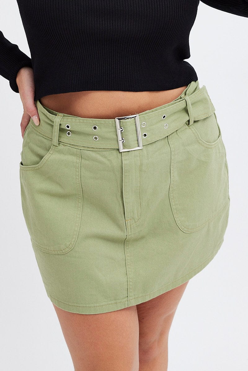 Green Mini Skirt Cargo Belt Cotton Drill