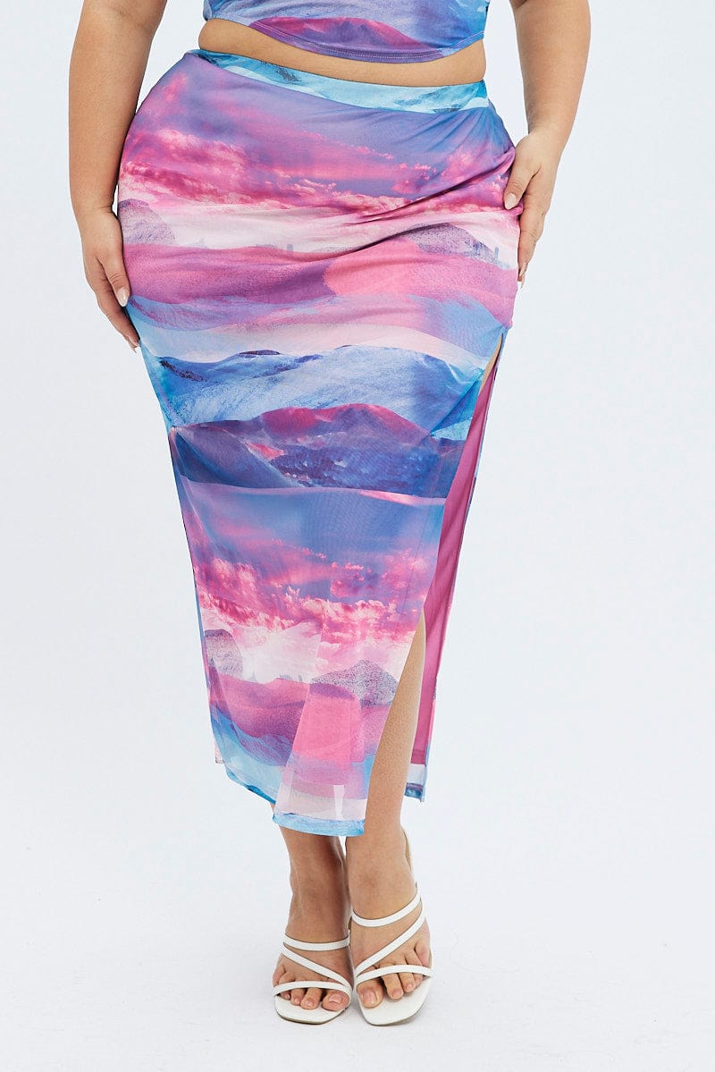Multi Print Long Skirt Mesh Landscape Print