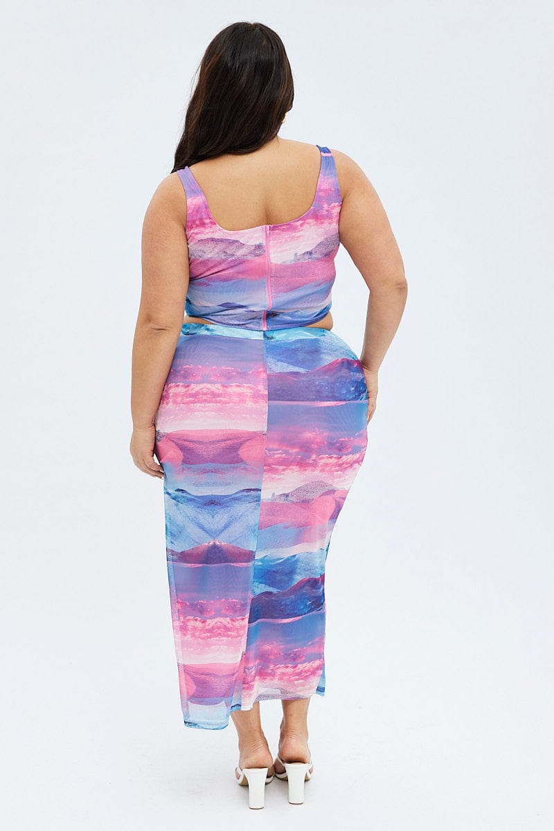 Multi Print Long Skirt Mesh Landscape Print