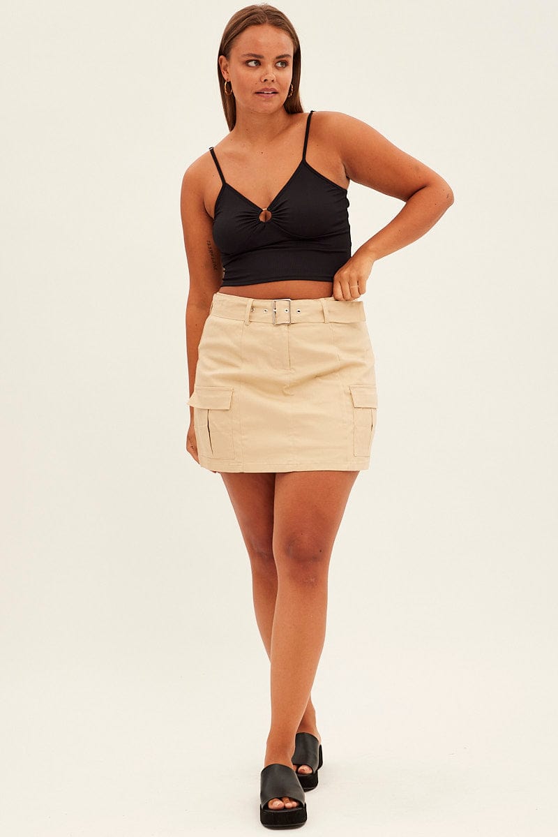 Beige Cargo Skirt Belted Mini Cotton