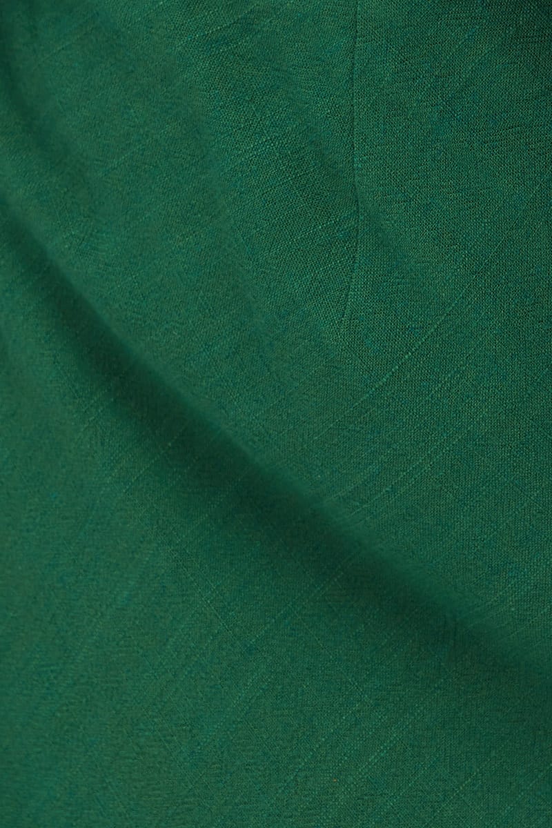 Green Midi Skirt Elastic Waist Split Side Linen Blend