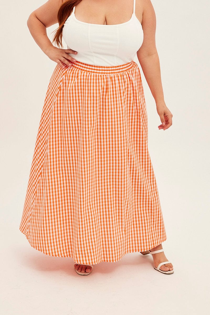 Orange Check Midi Skirt High Waist Elaticated Waist