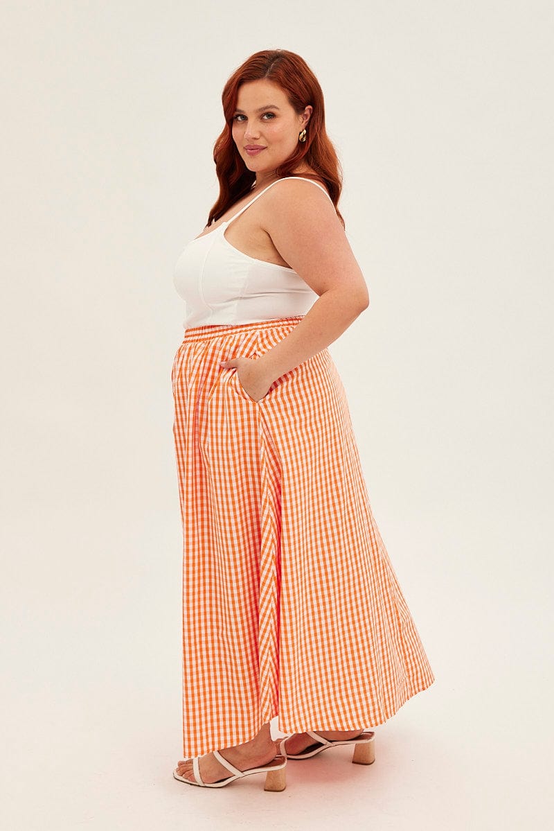 Orange Check Midi Skirt High Waist Elaticated Waist