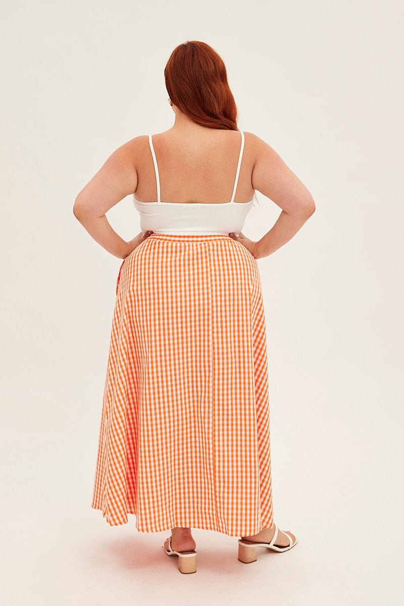 Orange Check Midi Skirt High Waist Elaticated Waist