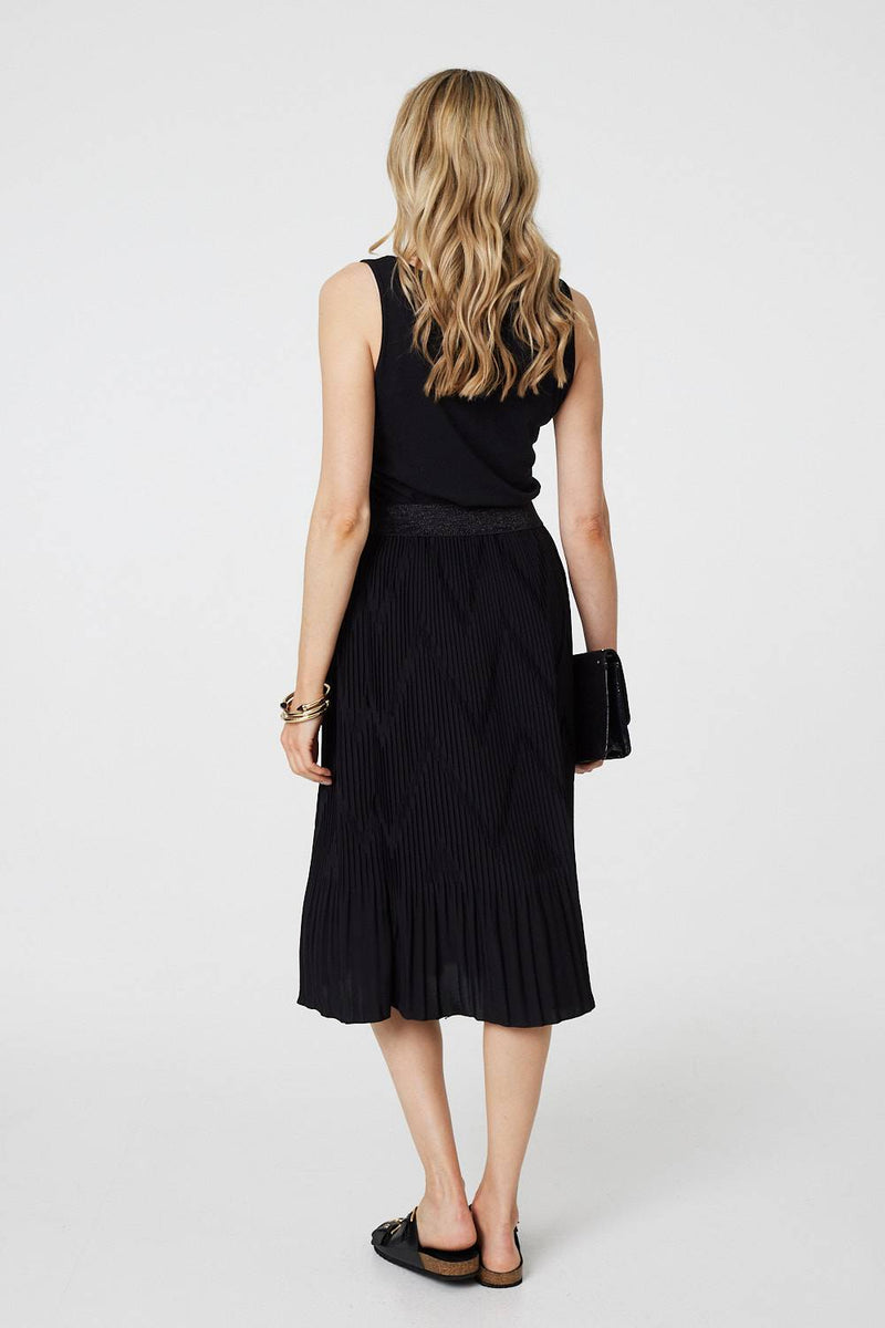 Pleated High Waist A-Line Midi Skirt