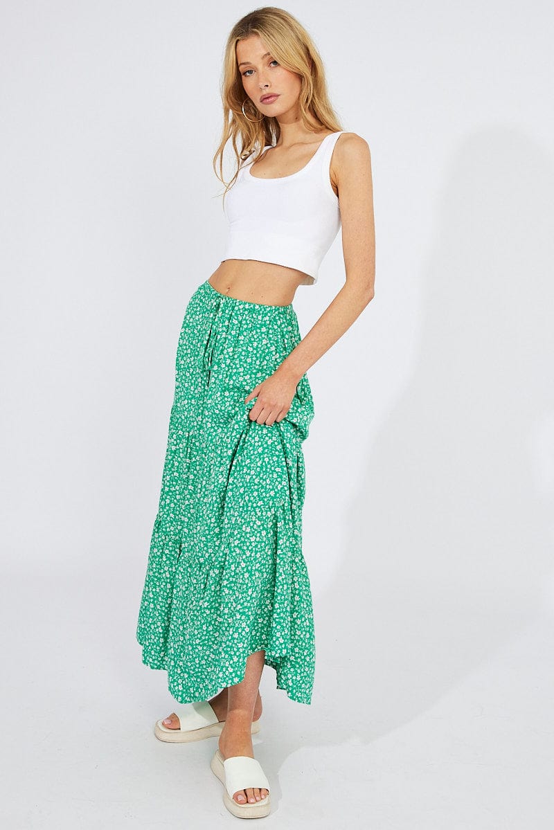 Green Ditsy Maxi Skirt High Rise