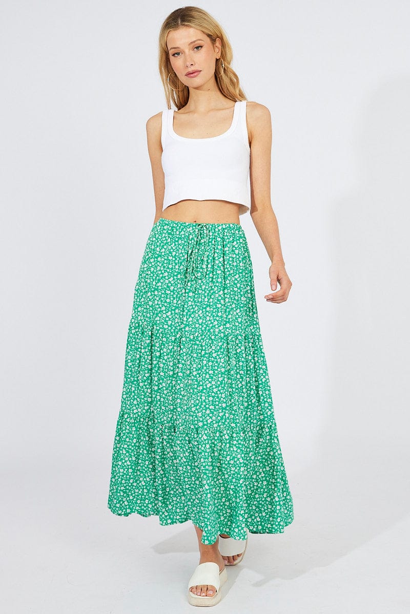 Green Ditsy Maxi Skirt High Rise