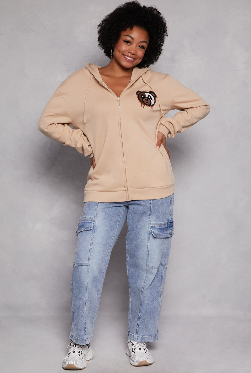 Plus Size Bear Graphic Zip Front Hoodie
