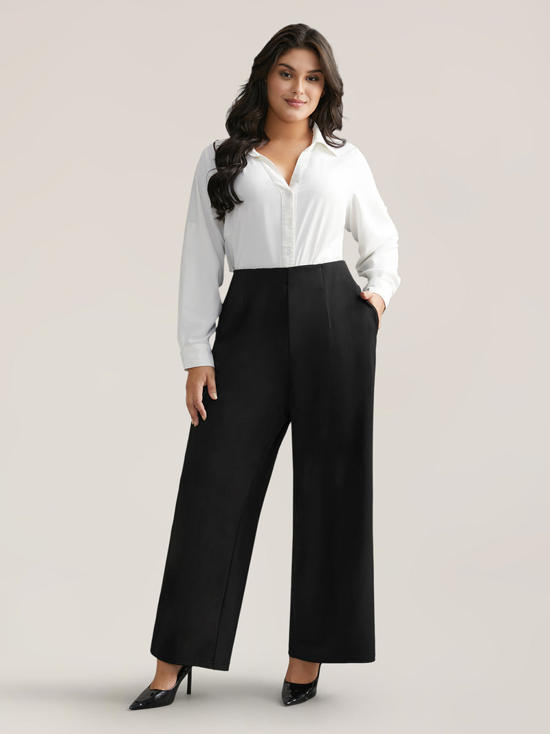Solid Elastic Waist Pleated Wide Leg Pants