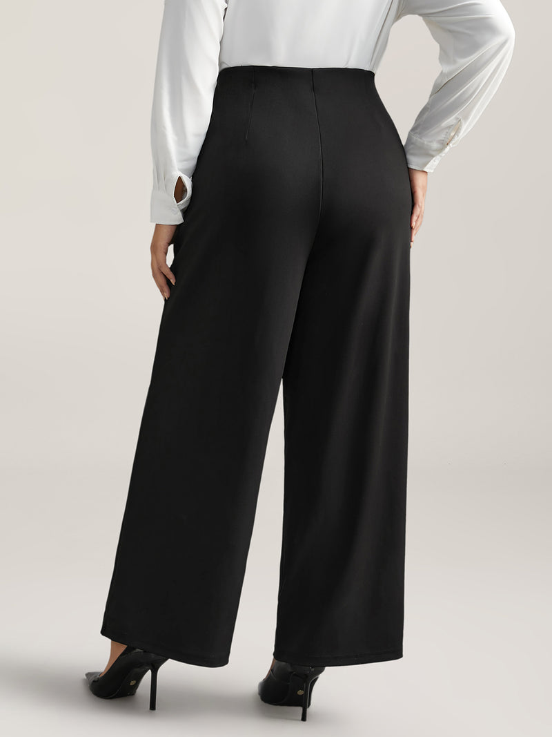 Solid Elastic Waist Pleated Wide Leg Pants