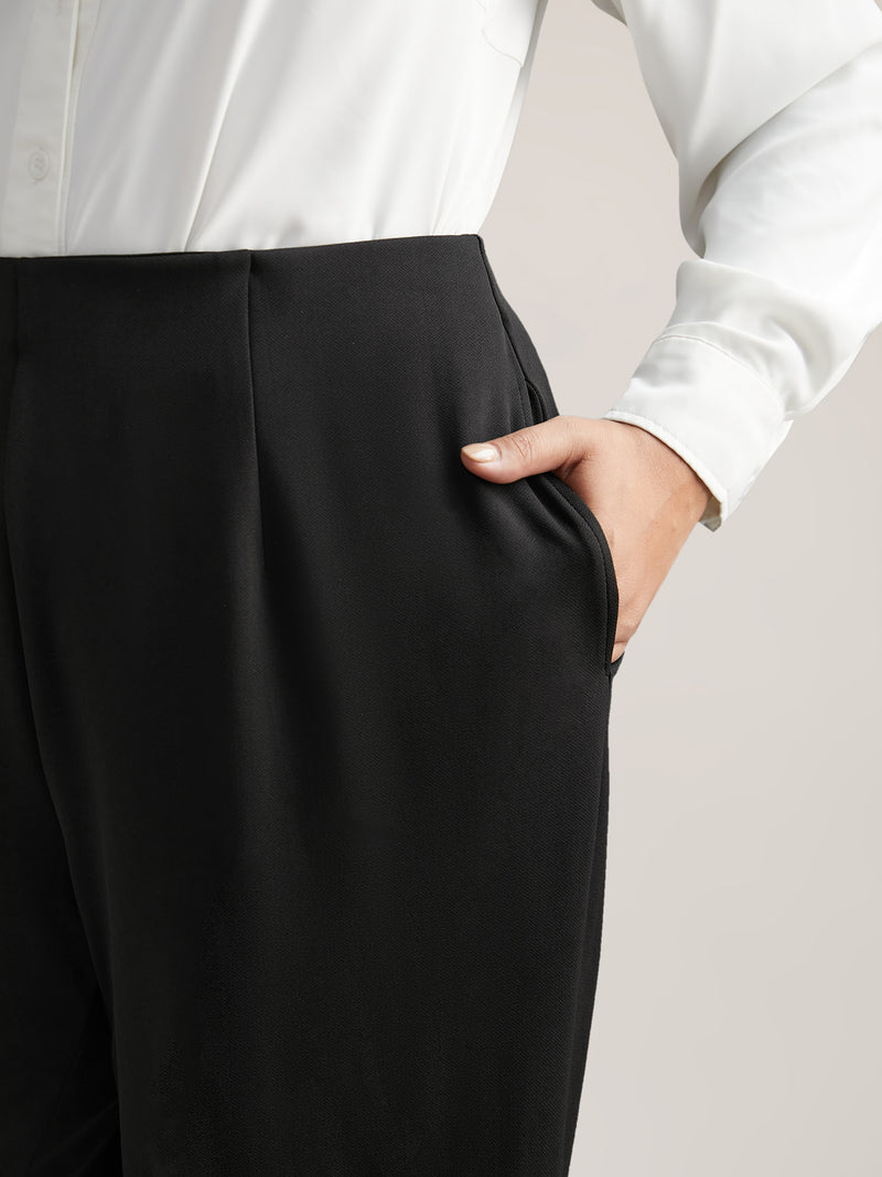 Solid Elastic Waist Pleated Wide Leg Pants