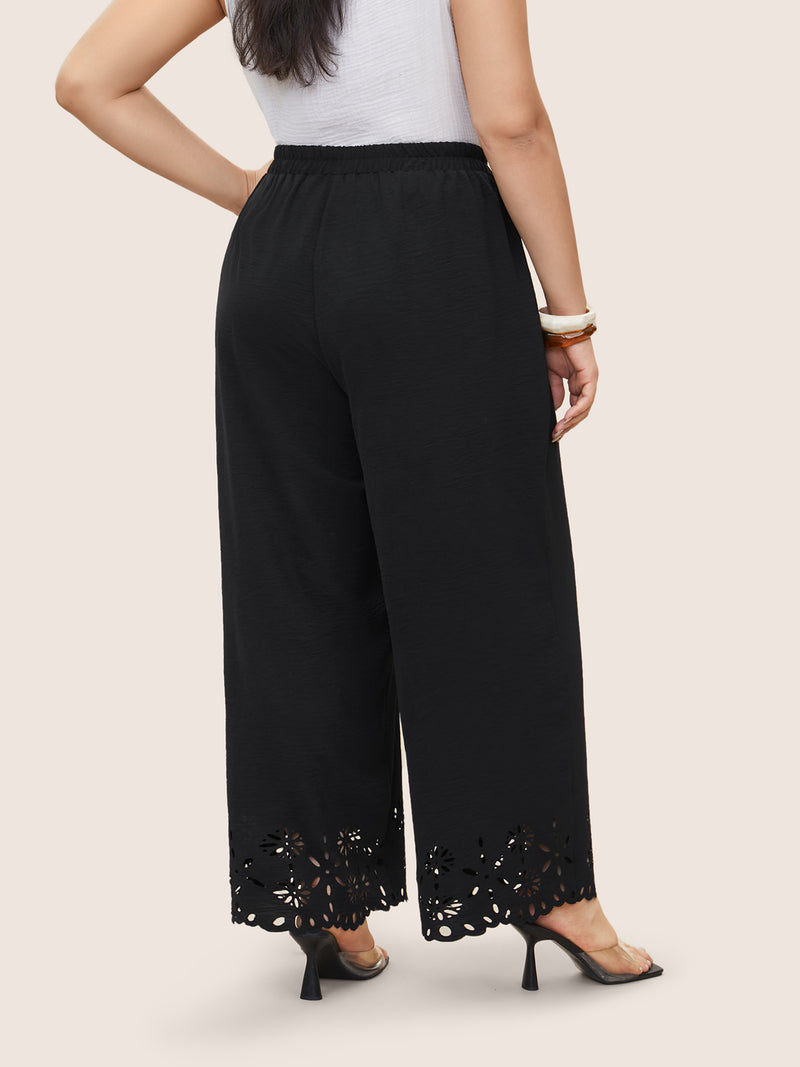 Laser Cut Elastic Waist Wide Leg Pants