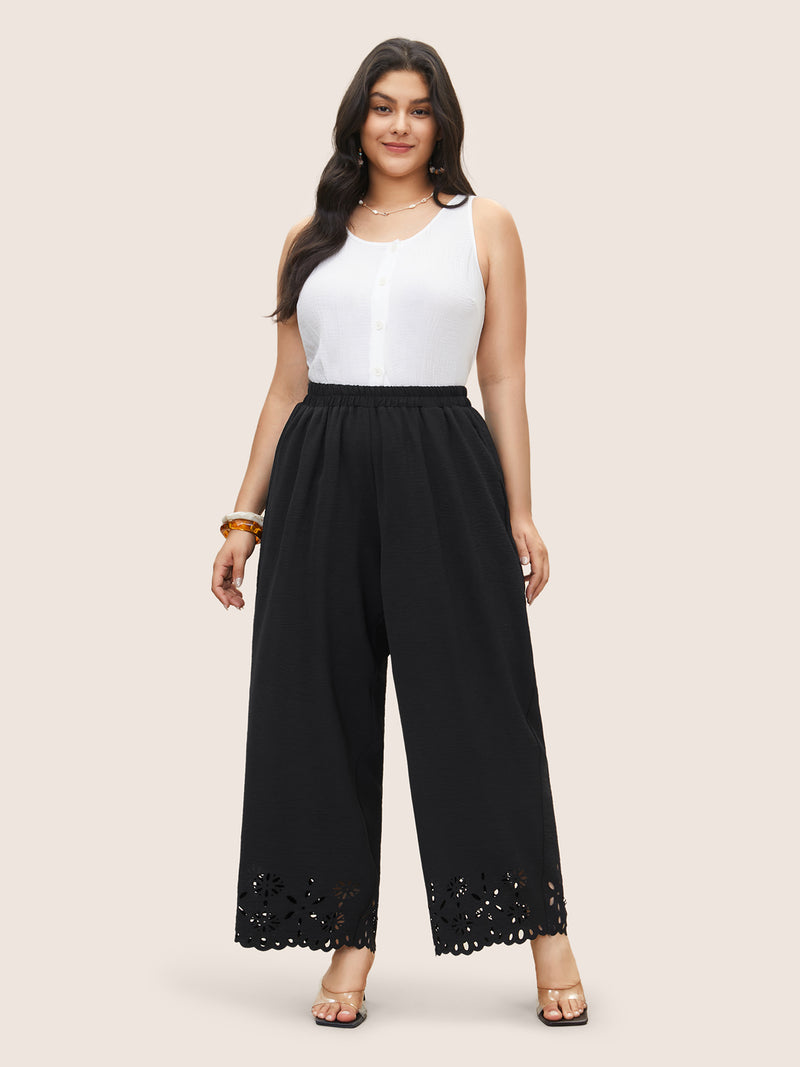 Laser Cut Elastic Waist Wide Leg Pants
