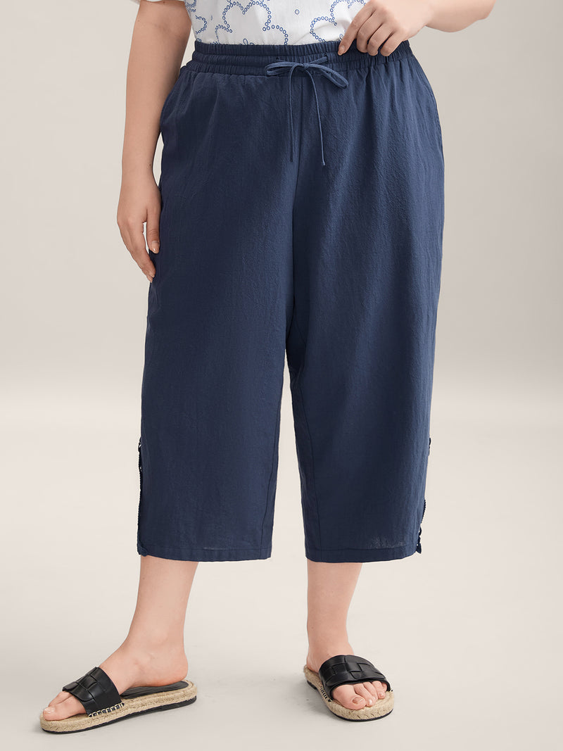 Lace Cut-Out Straight-Leg Plain Pants