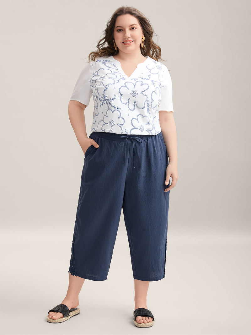 Lace Cut-Out Straight-Leg Plain Pants
