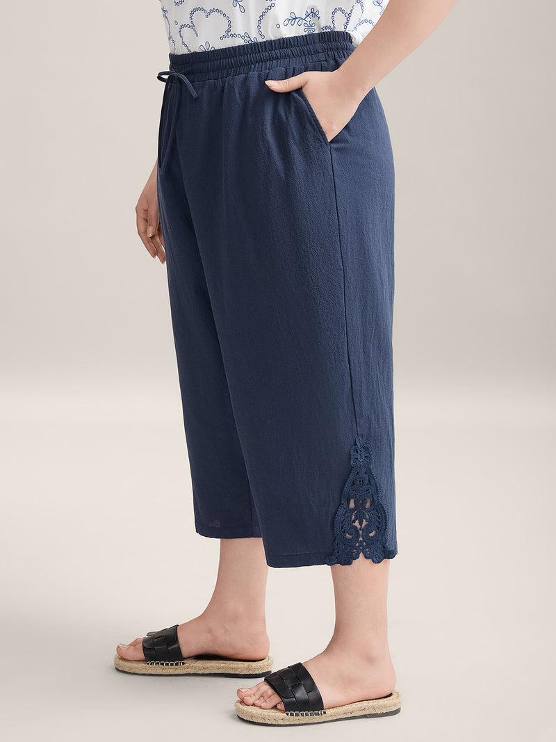 Lace Cut-Out Straight-Leg Plain Pants