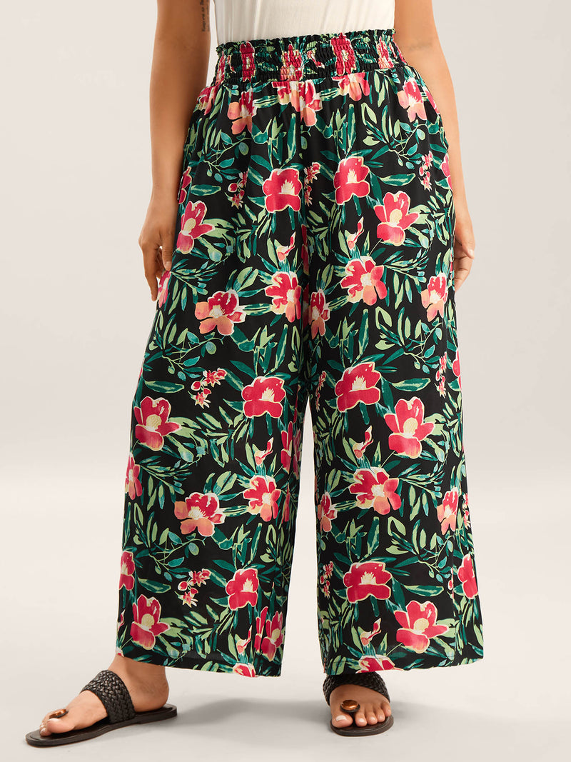 Rayon Tropical Floral Print Shirred Wide-Leg Pants