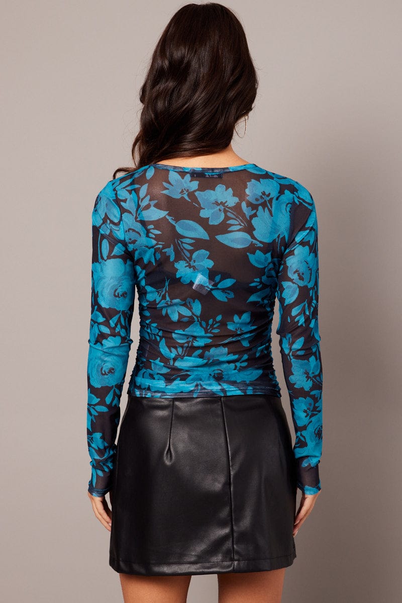 Blue Floral Mesh Top Long Sleeve Side Rushed