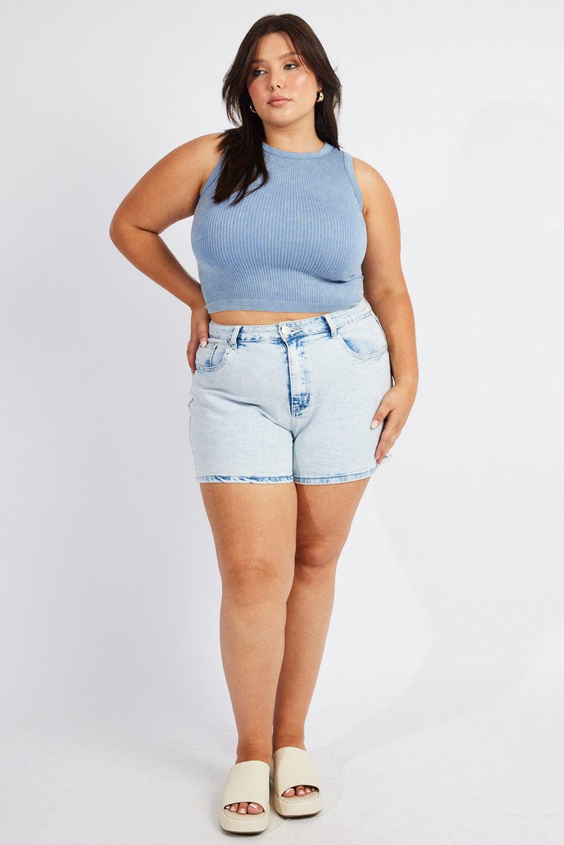 Blue Tank Top Sleeveless Crew Neck Seamless