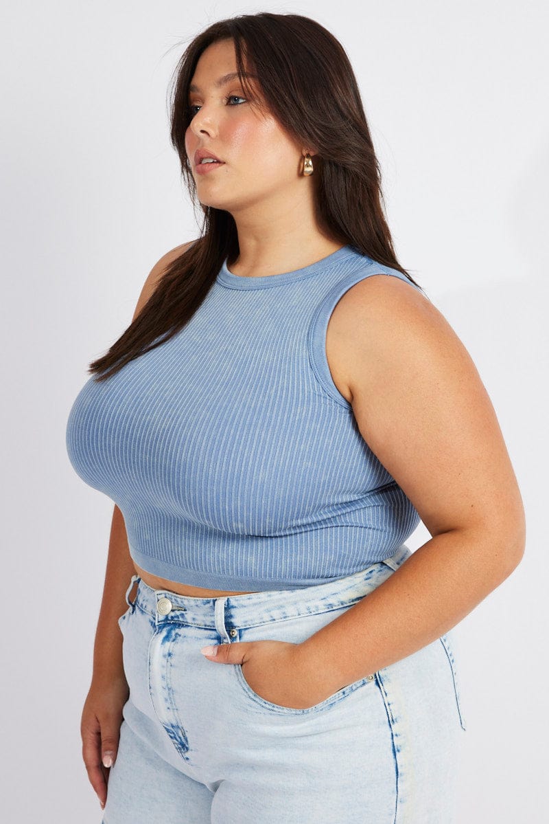 Blue Tank Top Sleeveless Crew Neck Seamless