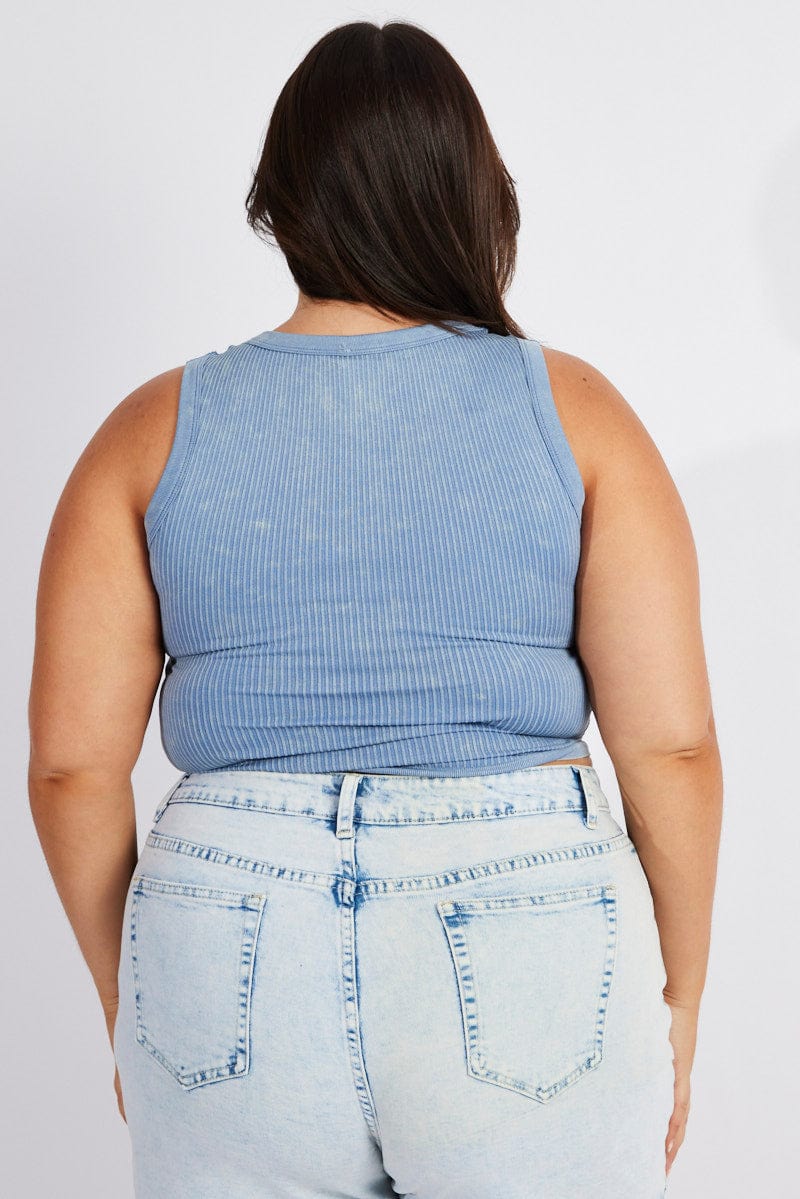 Blue Tank Top Sleeveless Crew Neck Seamless