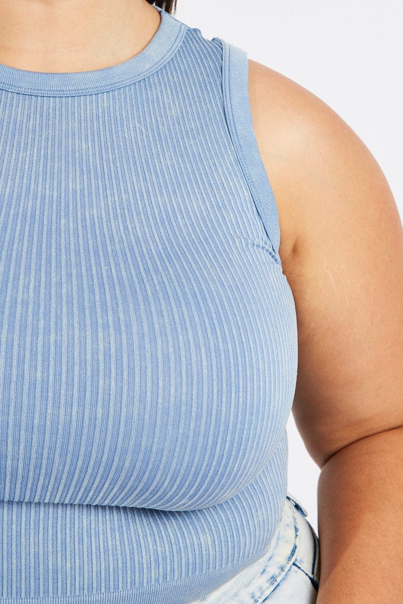 Blue Tank Top Sleeveless Crew Neck Seamless