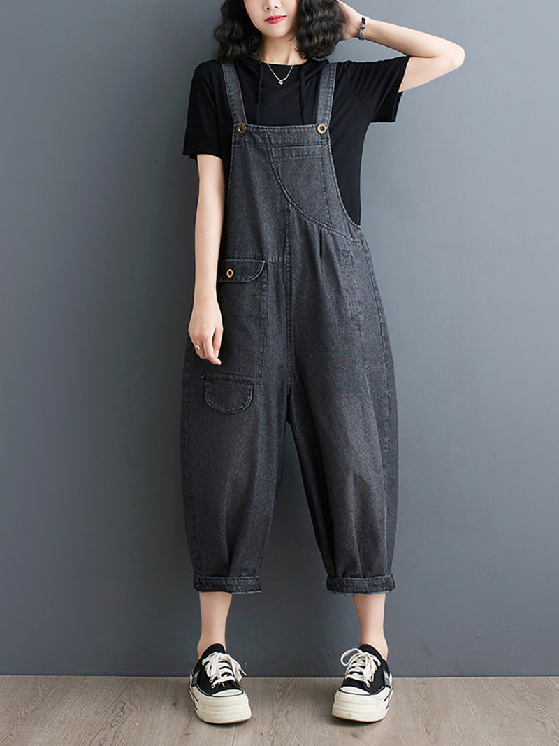 Plus Size Women Summer Solid Casual Loose Denim Jumpsuits