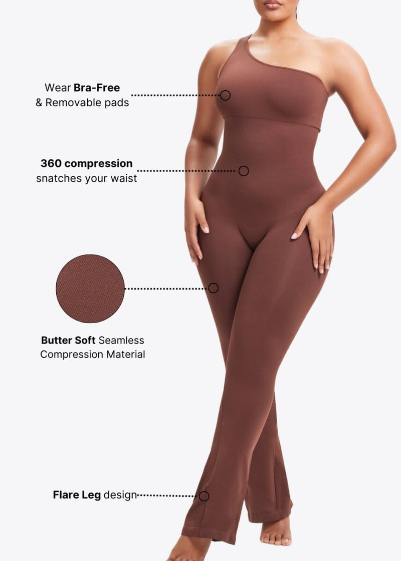 SnatchedKnit One-Shoulder Flare Jumpsuit