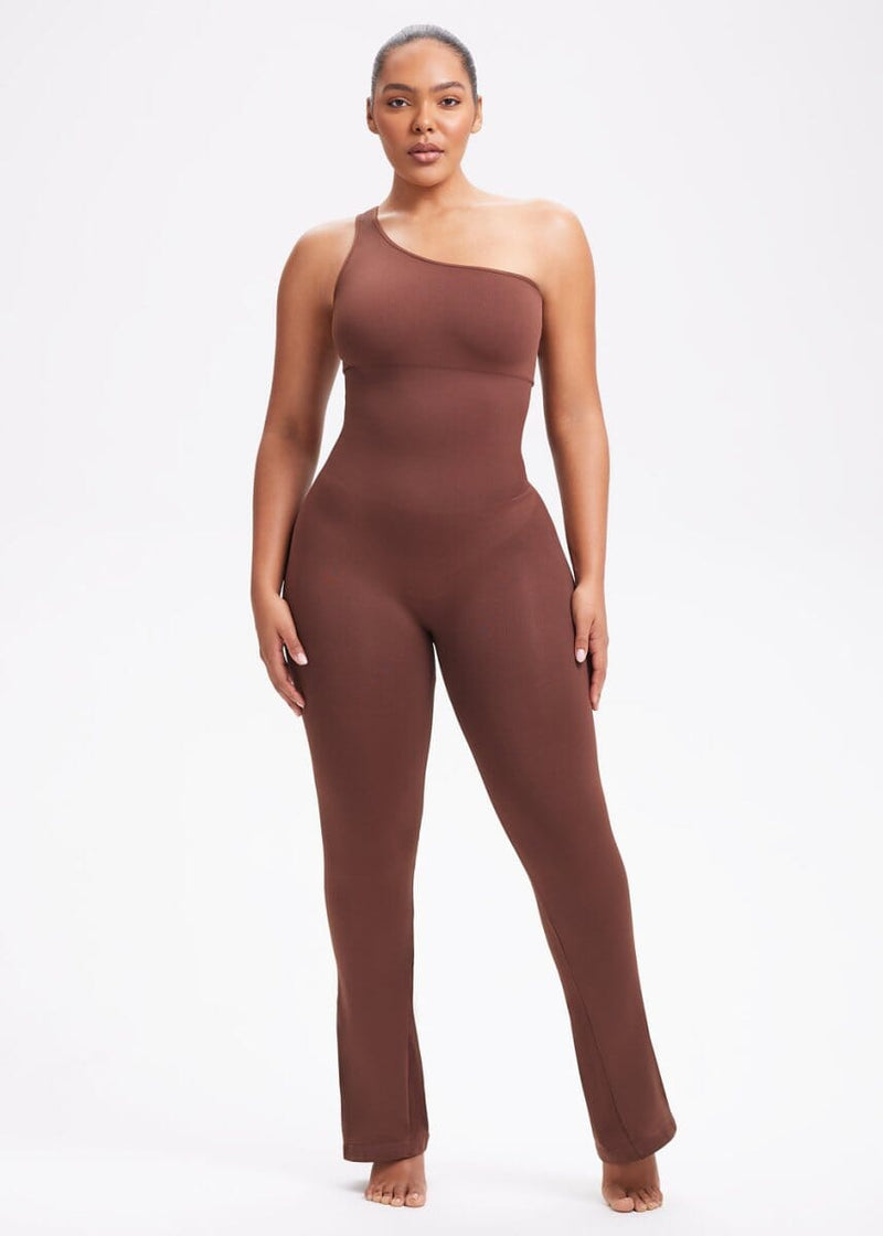 SnatchedKnit One-Shoulder Flare Jumpsuit