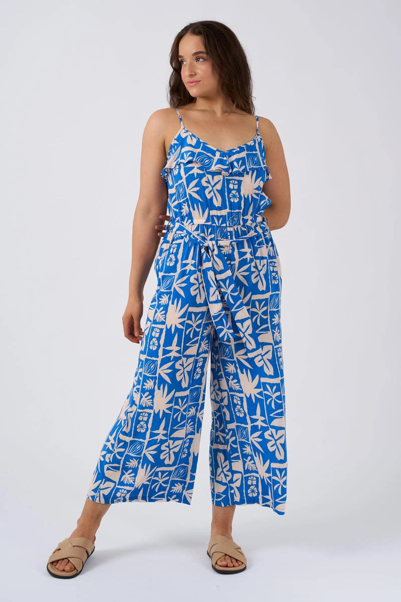 Sustainable Viscose Frill Jumpsuit - Blue Tiki