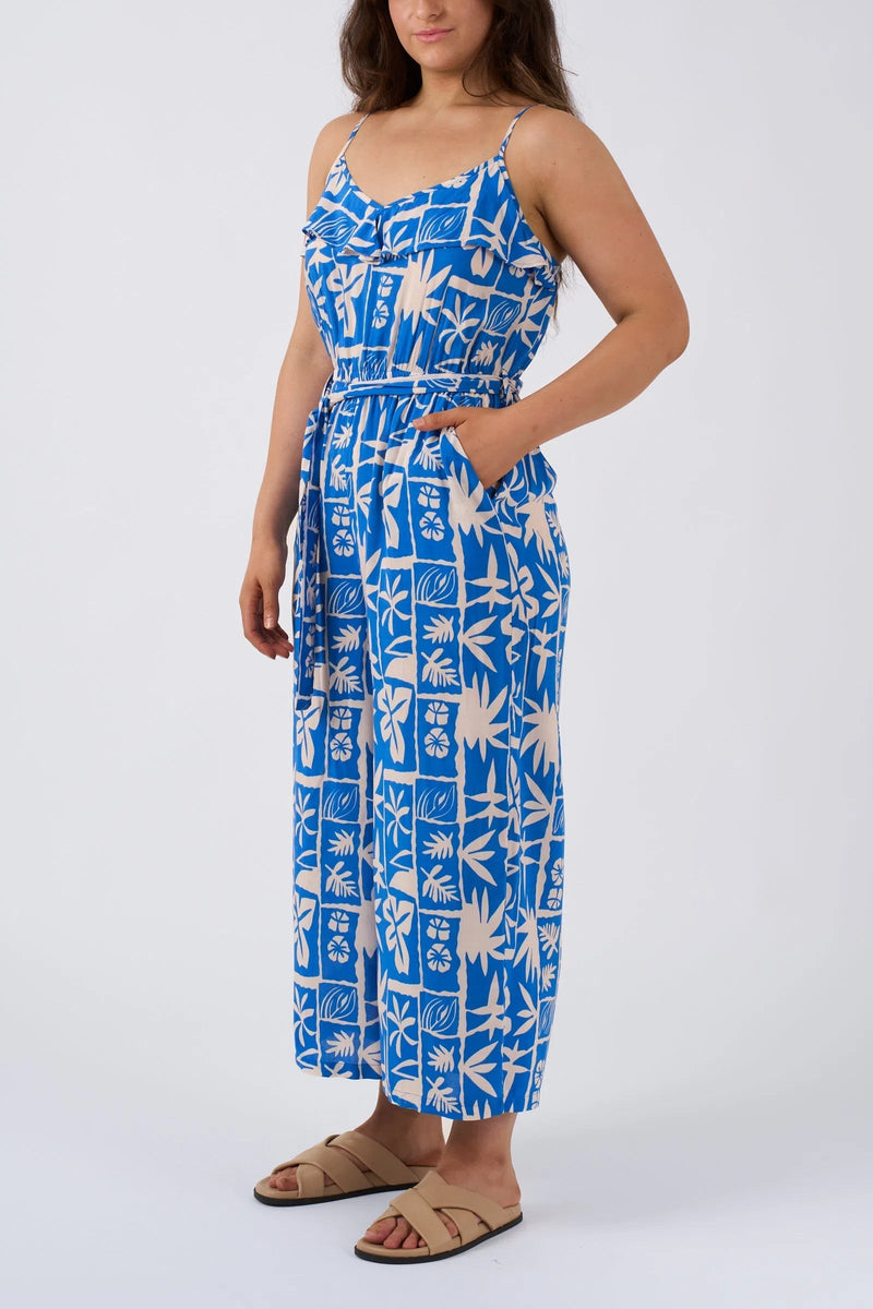 Sustainable Viscose Frill Jumpsuit - Blue Tiki