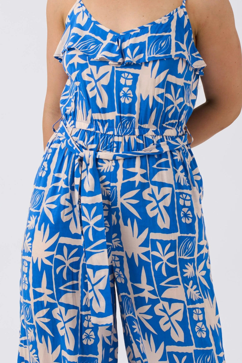 Sustainable Viscose Frill Jumpsuit - Blue Tiki